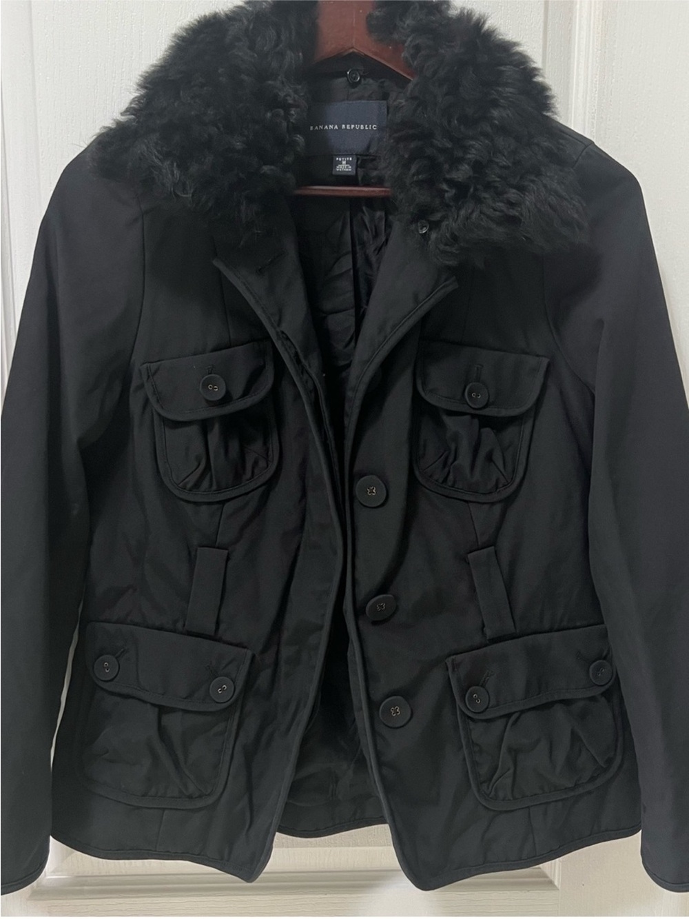 Banana Republic Black Utility Cargo Button Jacket Faux Fur Women's Medium Petite
